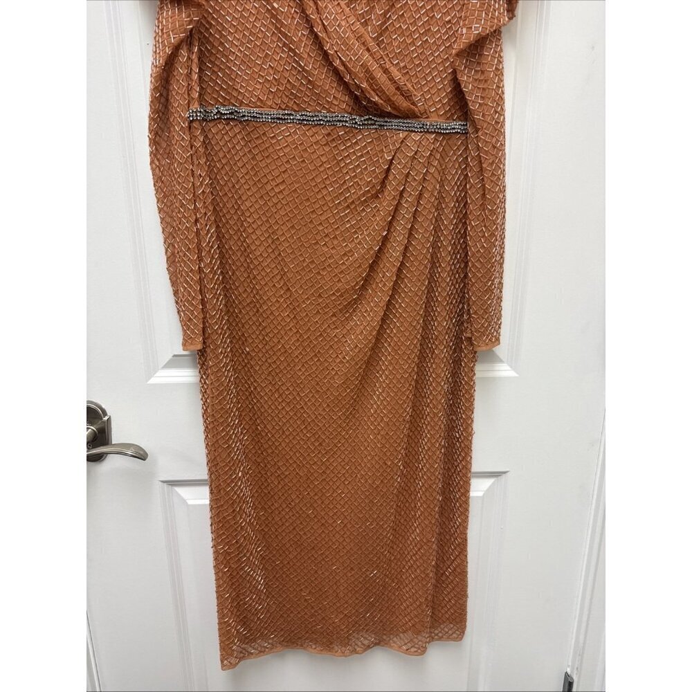 Mac Duggal Size 14 Orange Beaded Wrap Over Puff Sleeve Midi Dress Rhinestone NWT - Picture 6 of 10